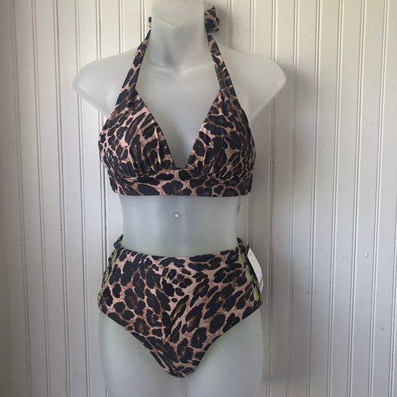 BAR III Retail $88 Beach Cheetah Halter Top High Waist Bottoms XSmall - Picture 1 of 5